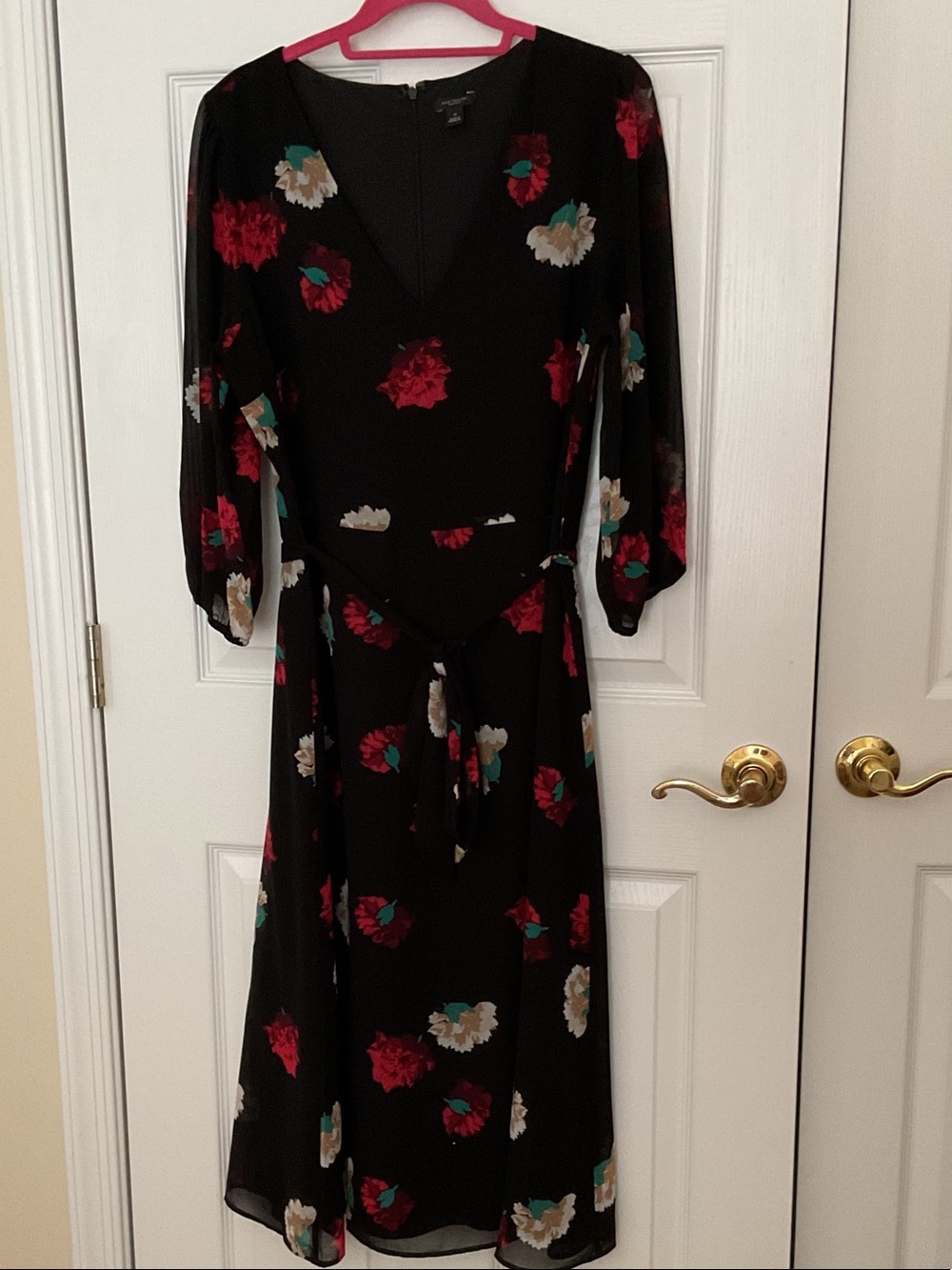 Ann Taylor Black Midi Wrap Dress with Red, Cream & Teal Floral Print